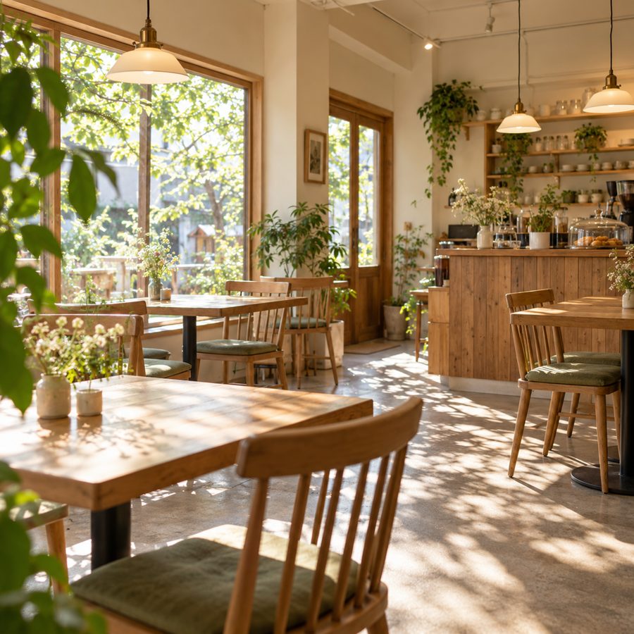緑に囲まれたカフェの風景