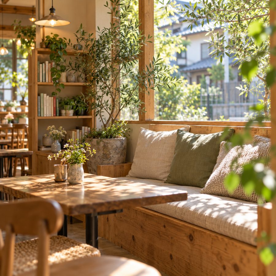 やわらかな光に包まれたカフェの店内