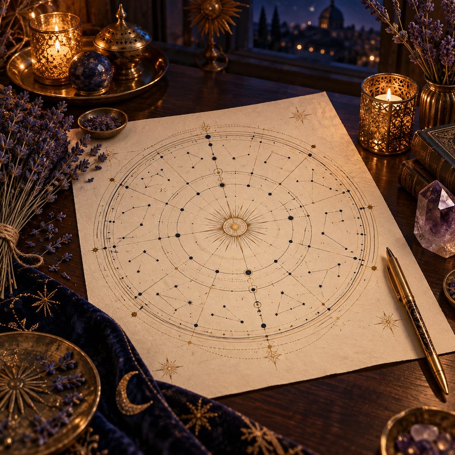 星の配置を読み解く星座盤とノートのイメージ