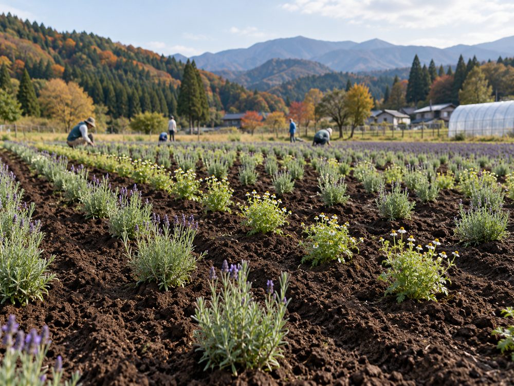 地域の方とハーブの苗を植えつける様子